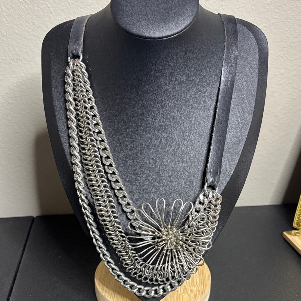 Multichain Silver Tone Statement Flower Pendant Leather Collar Cord Necklace